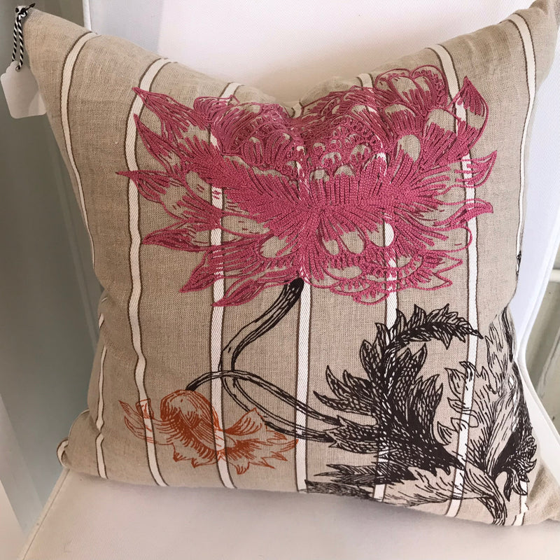 Linen Floral Embroidered Pillow